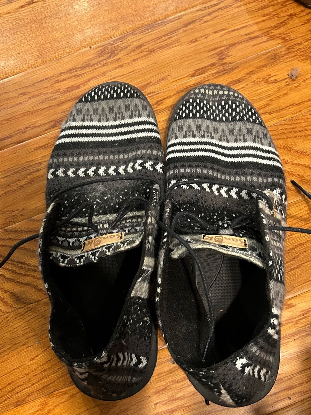 Sanuk Black and Gray Aztec Knit Slip-Ons